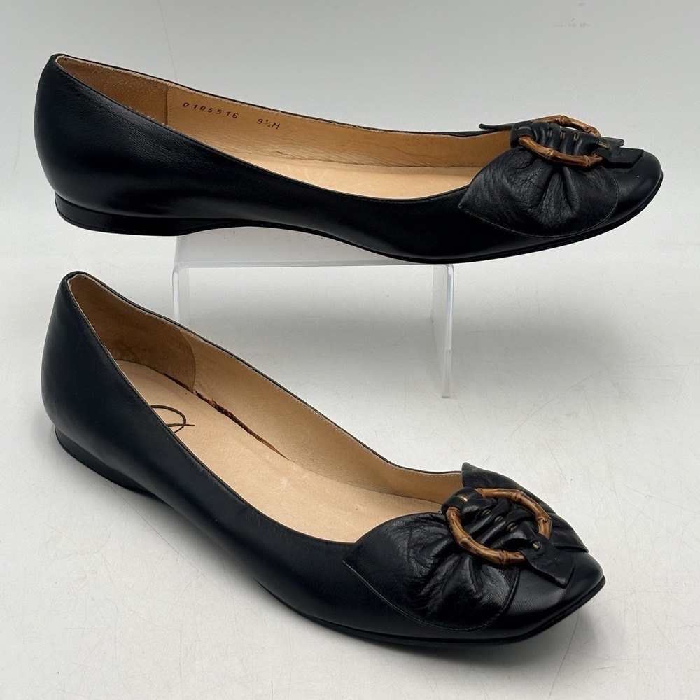 Delman Black Leather Ballet Flats Bamboo Buckle Womens 9.5 M Spain NEW